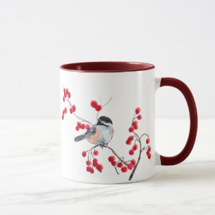CHICKADEE & RED BERRIES by SHARON SHARPE Mug