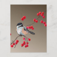 CHICKADEE & RED BERRIES by SHARON SHARPE