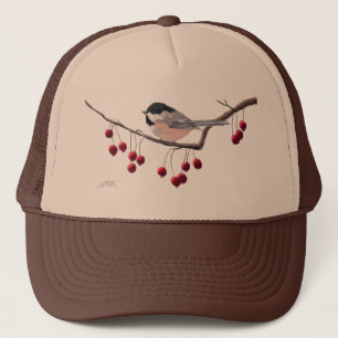 CHICKADEE & RED BERRIES by SHARON SHARPE Trucker Hat