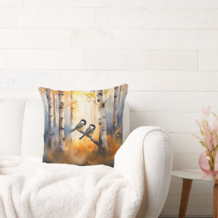 Chickadee Song Birds in an Autumn Forest Throw Pillow