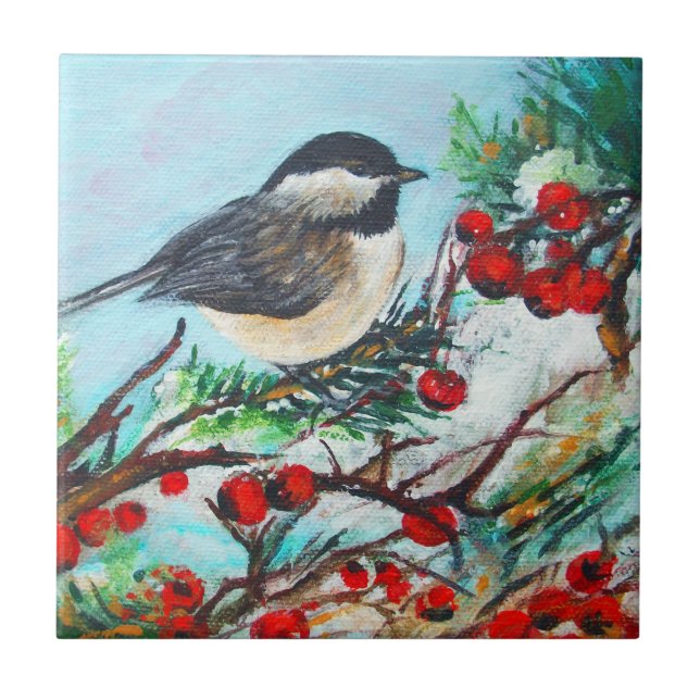 Chickadee-Sweet Winter Black-Capped Chickadee Bird Tile (Front)