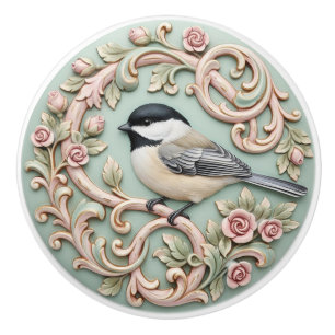 Chickadee Vintage Victorian Pink Roses Floral Mint Ceramic Knob