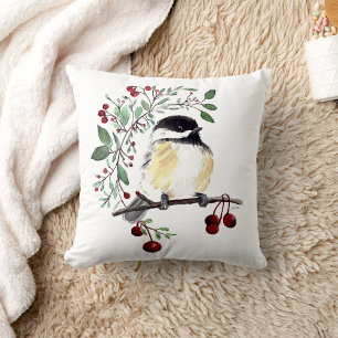 Chickadee Watercolor Art Throw Pillow