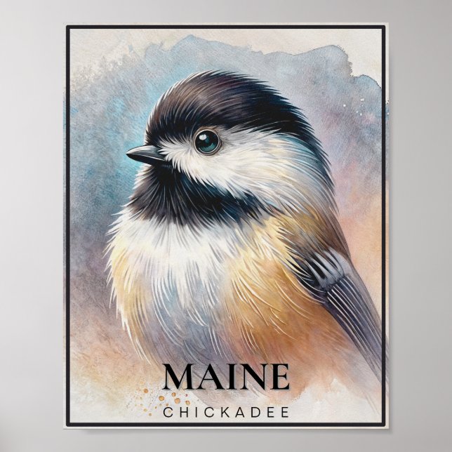 Chickadee Watercolor Bird Art Maine Poster (Front)