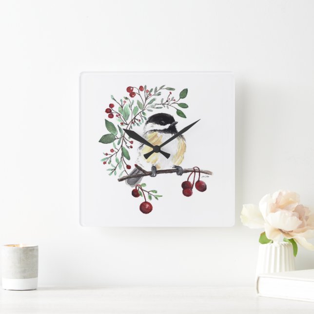 Chickadee Watercolor Bird Art Square Wall Clock (Home)