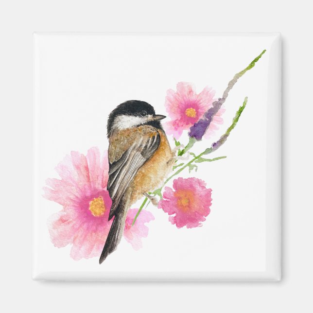Chickadee Watercolor Bird Flowers Magnet (Front)