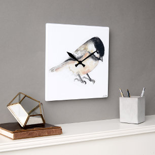 Chickadee Watercolor Square Wall Clock