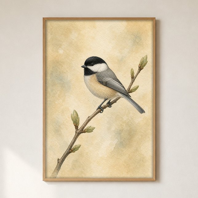 Chickadee Watercolour Cottagecore Art Poster (Shown framed for scale. Poster ships unframed; frames are an optional add-on.)