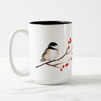 Chickadee with Red Berries - Single Branch Two-Tone Coffee Mug