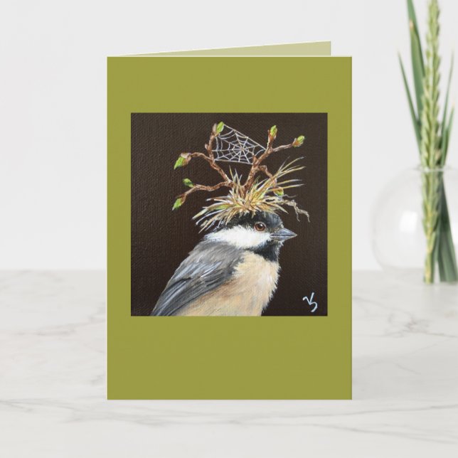 chickadee with web hat card (Front)