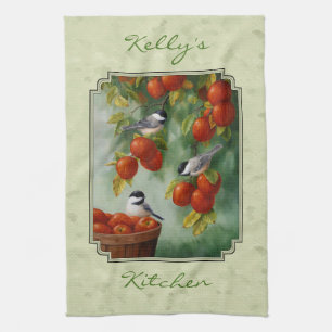 Chickadees and Apple Tree Green Kitchen Towel
