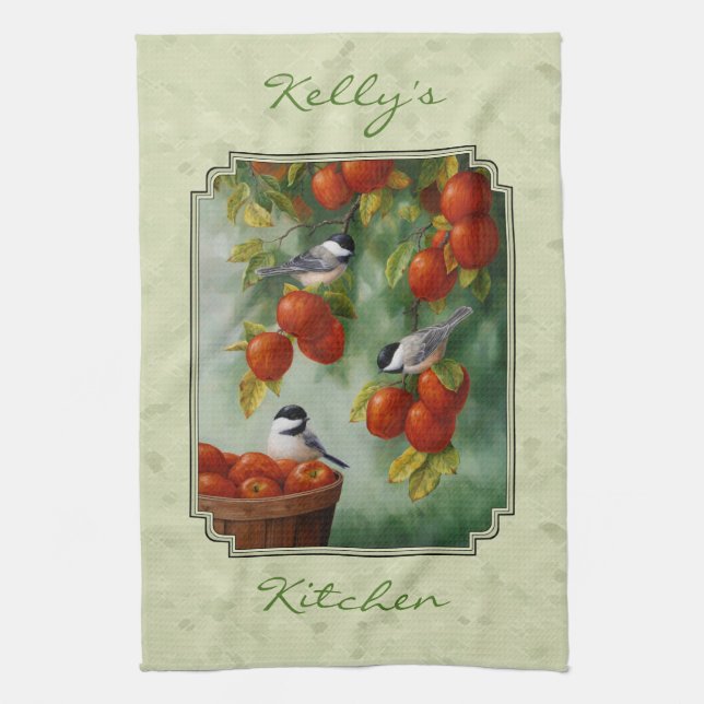 Chickadees and Apple Tree Green Kitchen Towel (Vertical)