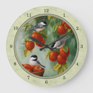 Chickadees and Apple Tree Green Large Clock