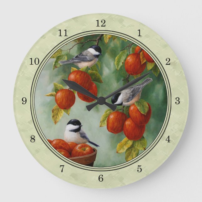Chickadees and Apple Tree Green Large Clock (Front)