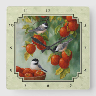 Chickadees and Apple Tree Green Square Wall Clock