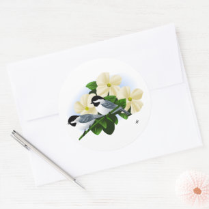 Chickadees and Dogwood Flower Classic Round Sticker