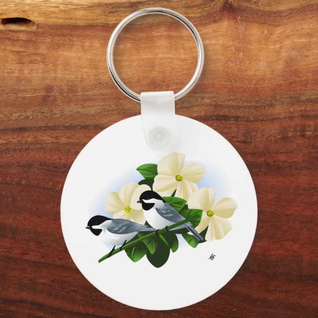 Chickadees and Dogwood Flower Keychain (Front)