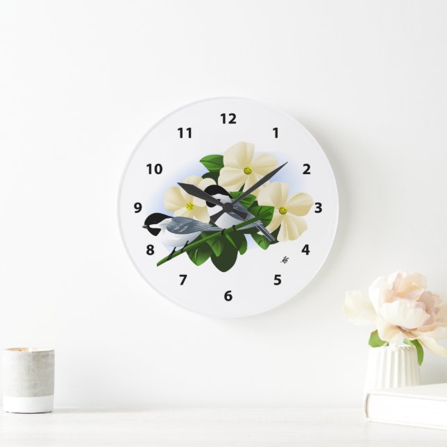 Chickadees and Dogwood Flower Large Clock (Home)