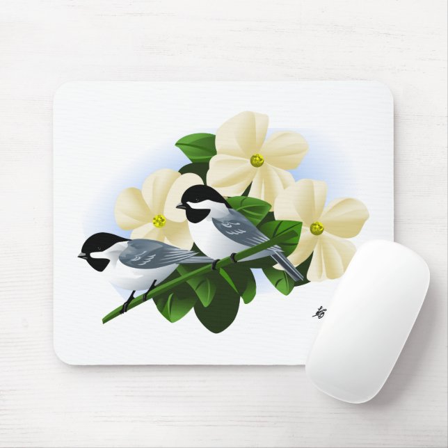 Chickadees and Dogwood Flower Mouse Pad (With Mouse)