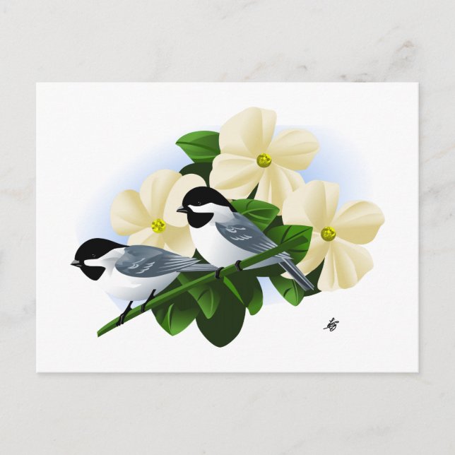 Chickadees and Dogwood Flower Postcard (Front)