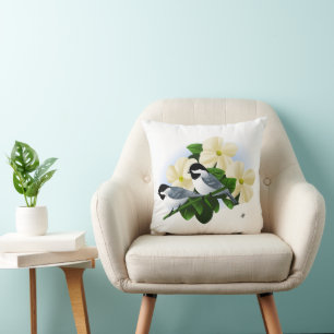 Chickadees and Dogwood Flower Throw Pillow
