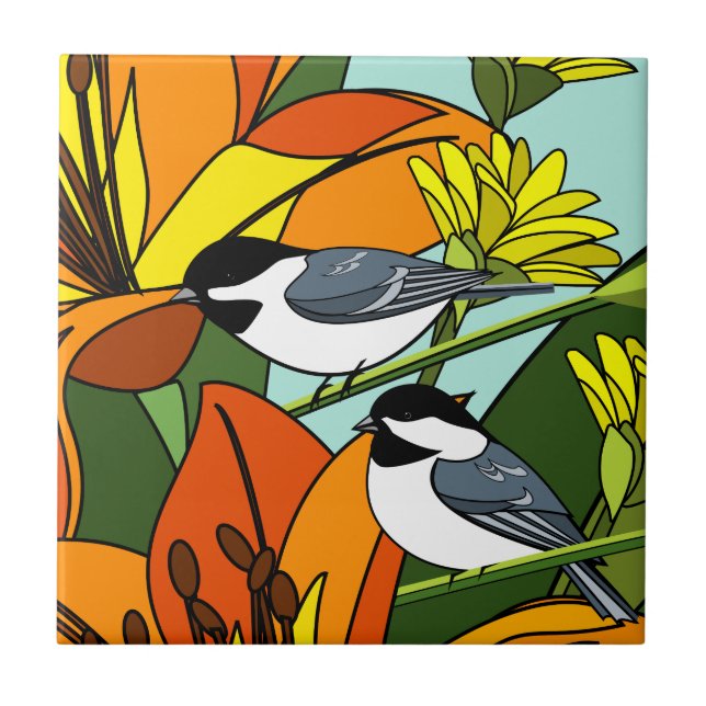 Chickadees and Flower Tile (Front)