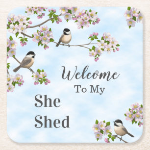 Chickadees & Apple Blossoms She Shed Personalize Square Paper Coaster