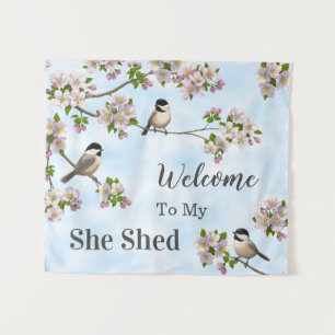 Chickadees & Apple Blossoms She Shed Personalize Tapestry