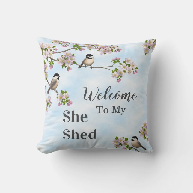 Chickadees & Apple Blossoms She Shed Personalize Throw Pillow (Front)