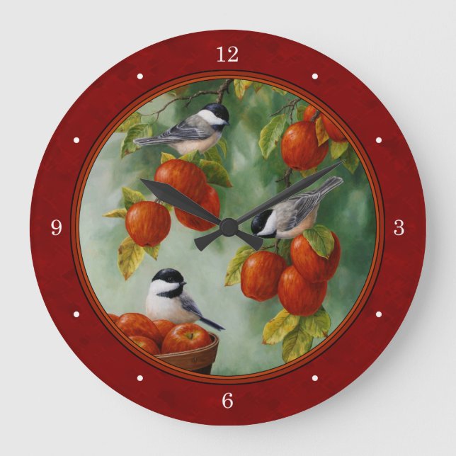Chickadees Apple Harvest Red Large Clock (Front)