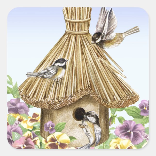 Chickadees Birdhouse Square Sticker (Front)