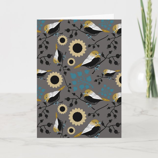 Chickadees Flowers Berries Grey Black Teal Gold Card (Front)