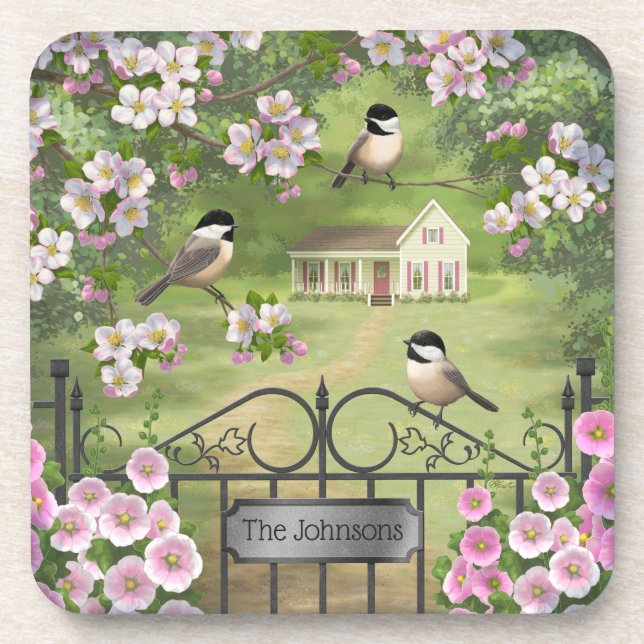 Chickadees Flowers Victorian Farmhouse Coaster (Front)