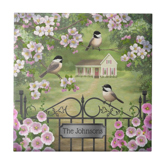Chickadees Flowers Victorian Farmhouse Tile (Front)
