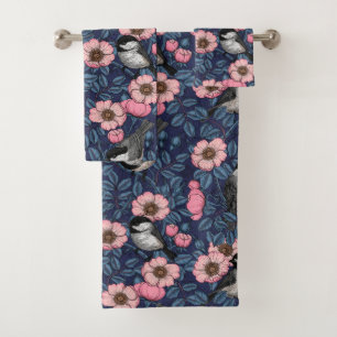 Chickadees in the wild rose in pink and blue bath towel set