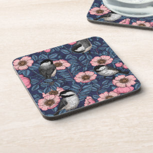 Chickadees in the wild rose in pink and blue coaster