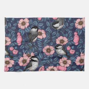 Chickadees in the wild rose in pink and blue kitchen towel
