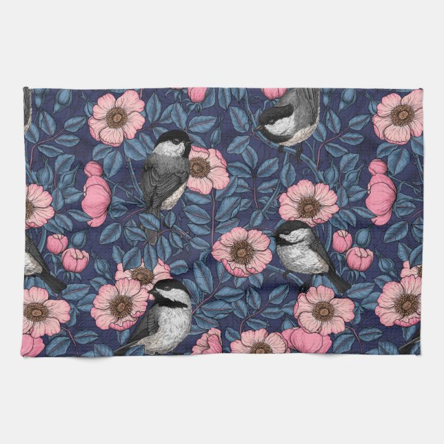 Chickadees in the wild rose in pink and blue kitchen towel (Horizontal)