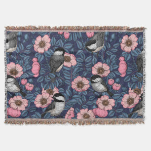 Chickadees in the wild rose in pink and blue throw blanket