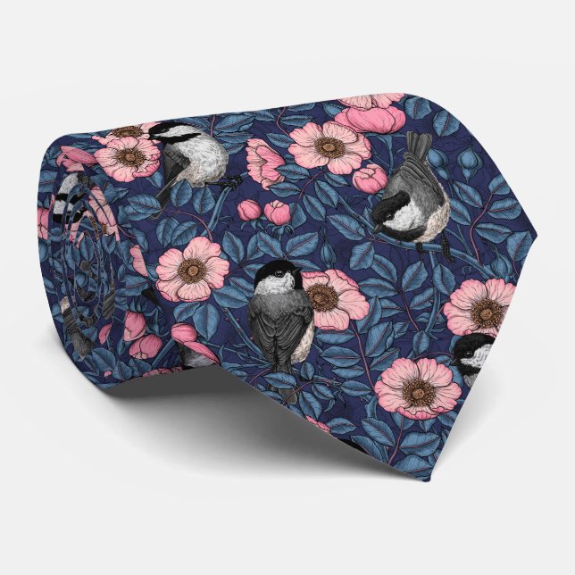 Chickadees in the wild rose in pink and blue tie (Rolled)