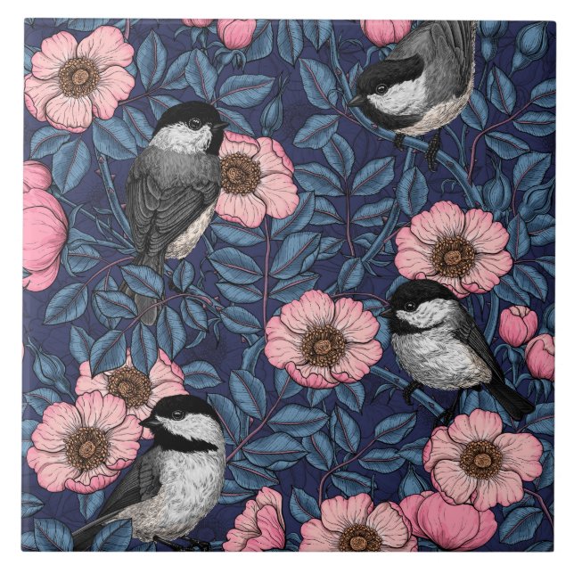 Chickadees in the wild rose in pink and blue tile (Front)