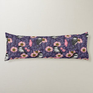 Chickadees in the wild rose in pink and violet body pillow