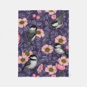 Chickadees in the wild rose in pink and violet fleece blanket