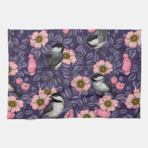 Chickadees in the wild rose in pink and violet kitchen towel