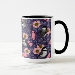 Chickadees in the wild rose in pink and violet mug