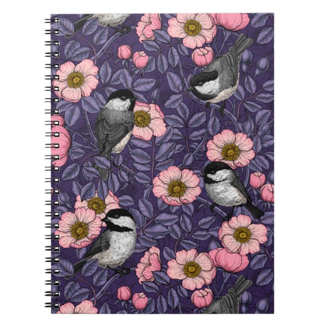 Chickadees in the wild rose in pink and violet not notebook (Front)