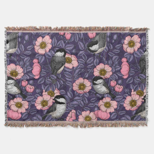 Chickadees in the wild rose in pink and violet throw blanket (Front)