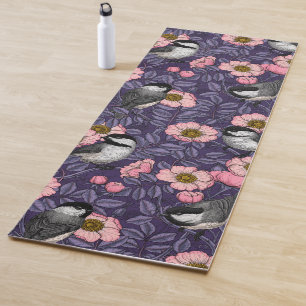 Chickadees in the wild rose in pink and violet yoga mat