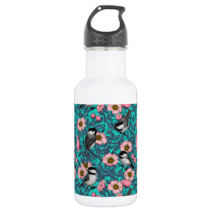 Chickadees in the wild rose, pink and blue 532 ml water bottle