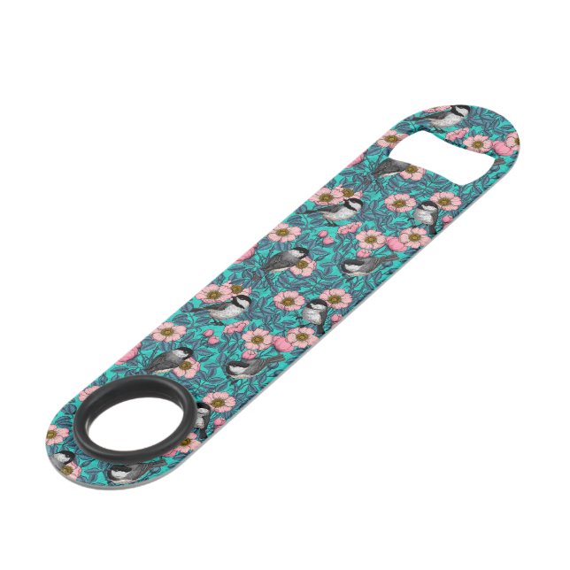 Chickadees in the wild rose, pink and blue bar key (Front Angled)